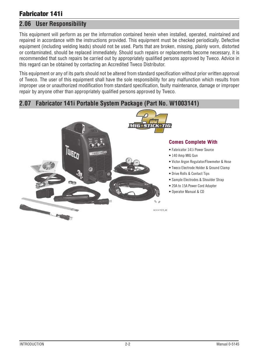 06 user responsibility, User responsibility -2, Fabricator 141i | Tweco 141i Fabricator User Manual | Page 26 / 104