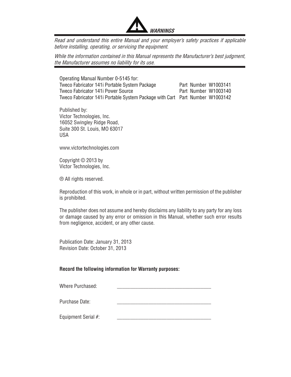 Tweco 141i Fabricator User Manual | Page 3 / 104