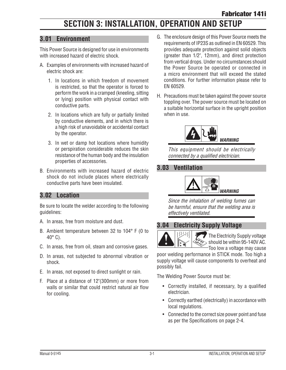 Section 3: installation, operation and setup, 01 environment, 02 location | 03 ventilation, 04 electricity supply voltage, Section 3: installation, operation and setup -1, Electricity supply voltage -1, Fabricator 141i | Tweco 141i Fabricator User Manual | Page 31 / 104