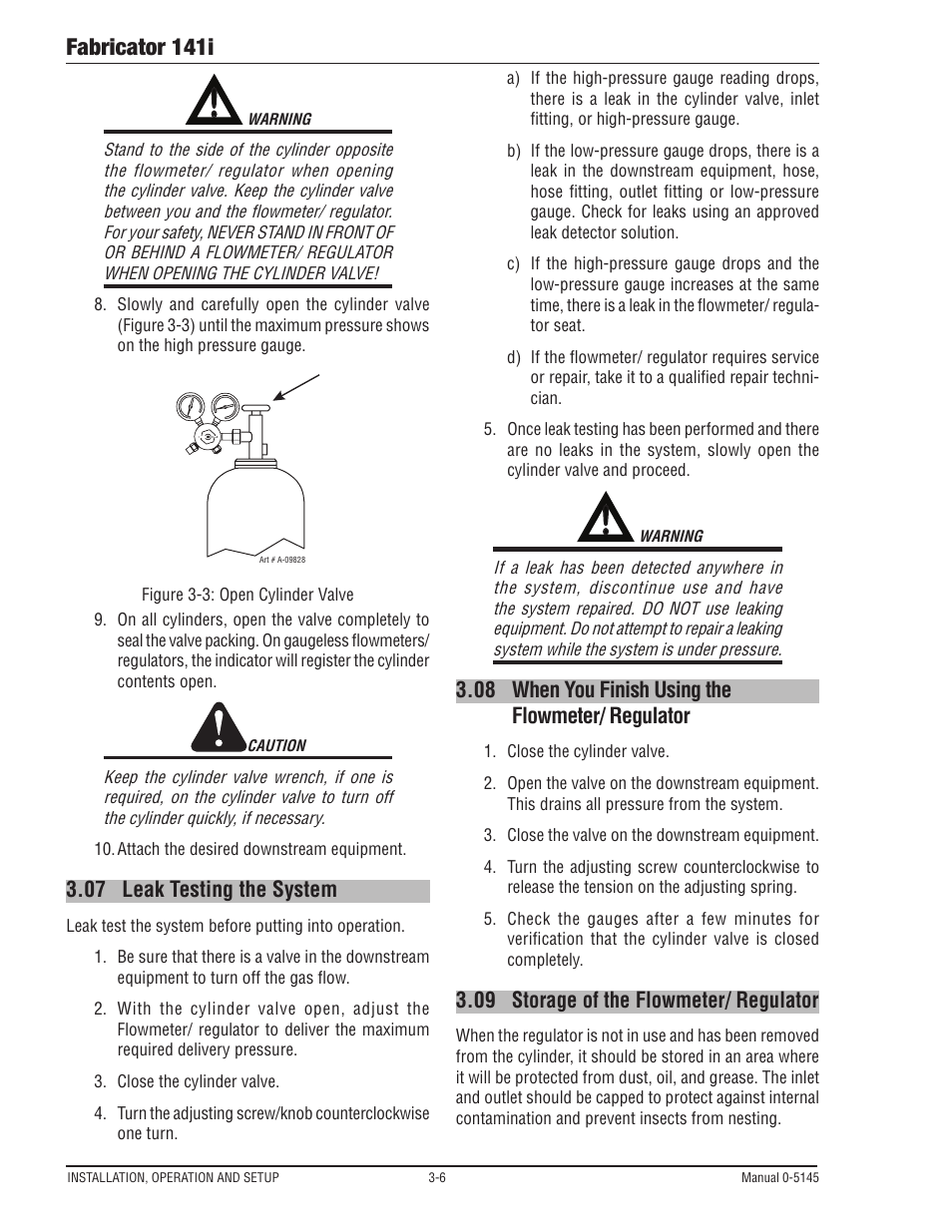 07 leak testing the system, 08 when you finish using the flowmeter/ regulator, 09 storage of the flowmeter/ regulator | Leak testing the system -6, When you finish using the flowmeter/ regulator -6, Storage of the flowmeter/ regulator -6, Fabricator 141i | Tweco 141i Fabricator User Manual | Page 36 / 104