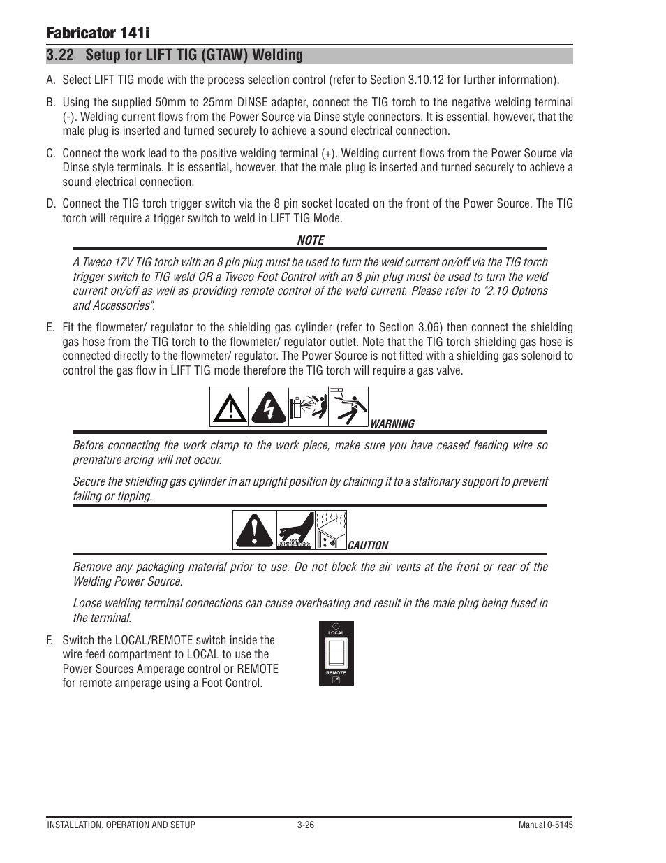 22 setup for lift tig (gtaw) welding, Setup for lift tig (gtaw) welding -26, Fabricator 141i | Tweco 141i Fabricator User Manual | Page 56 / 104