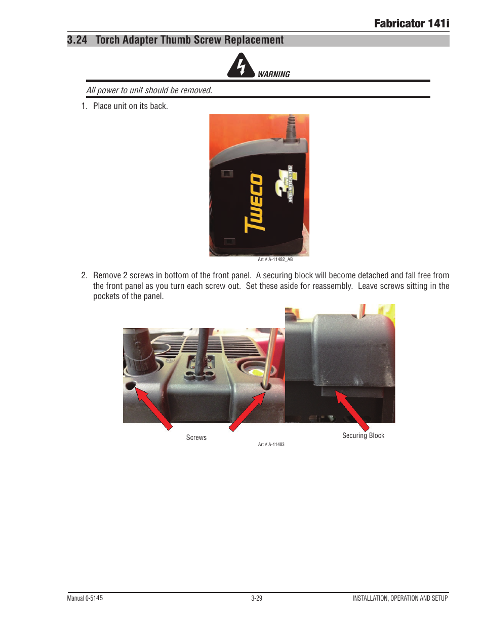 24 torch adapter thumb screw replacement, Torch adapter thumb screw replacement -29, Fabricator 141i | Tweco 141i Fabricator User Manual | Page 59 / 104