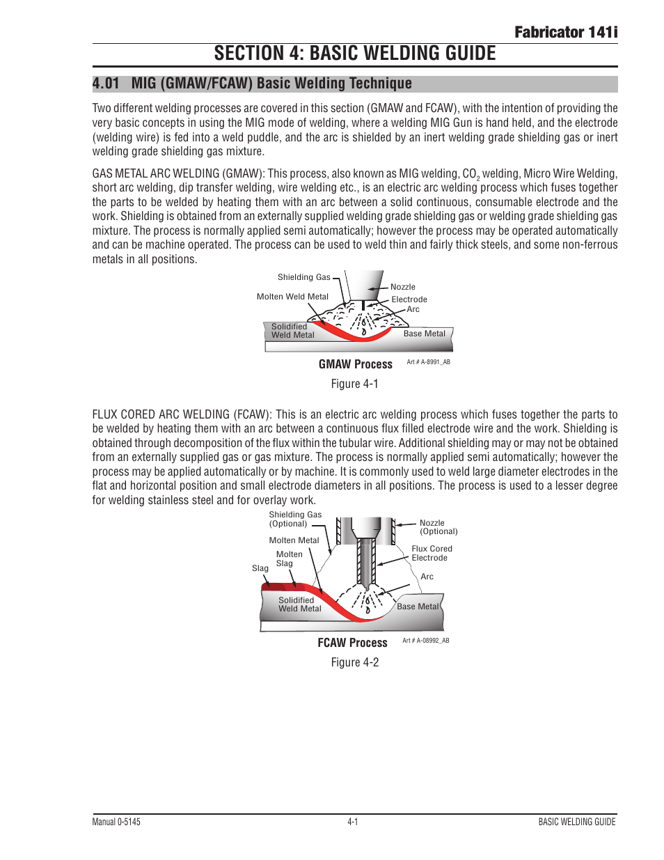 Section 4: basic welding guide, 01 mig (gmaw/fcaw) basic welding technique, Section 4: basic welding guide -1 | Mig (gmaw/fcaw) basic welding technique -1, Fabricator 141i | Tweco 141i Fabricator User Manual | Page 61 / 104