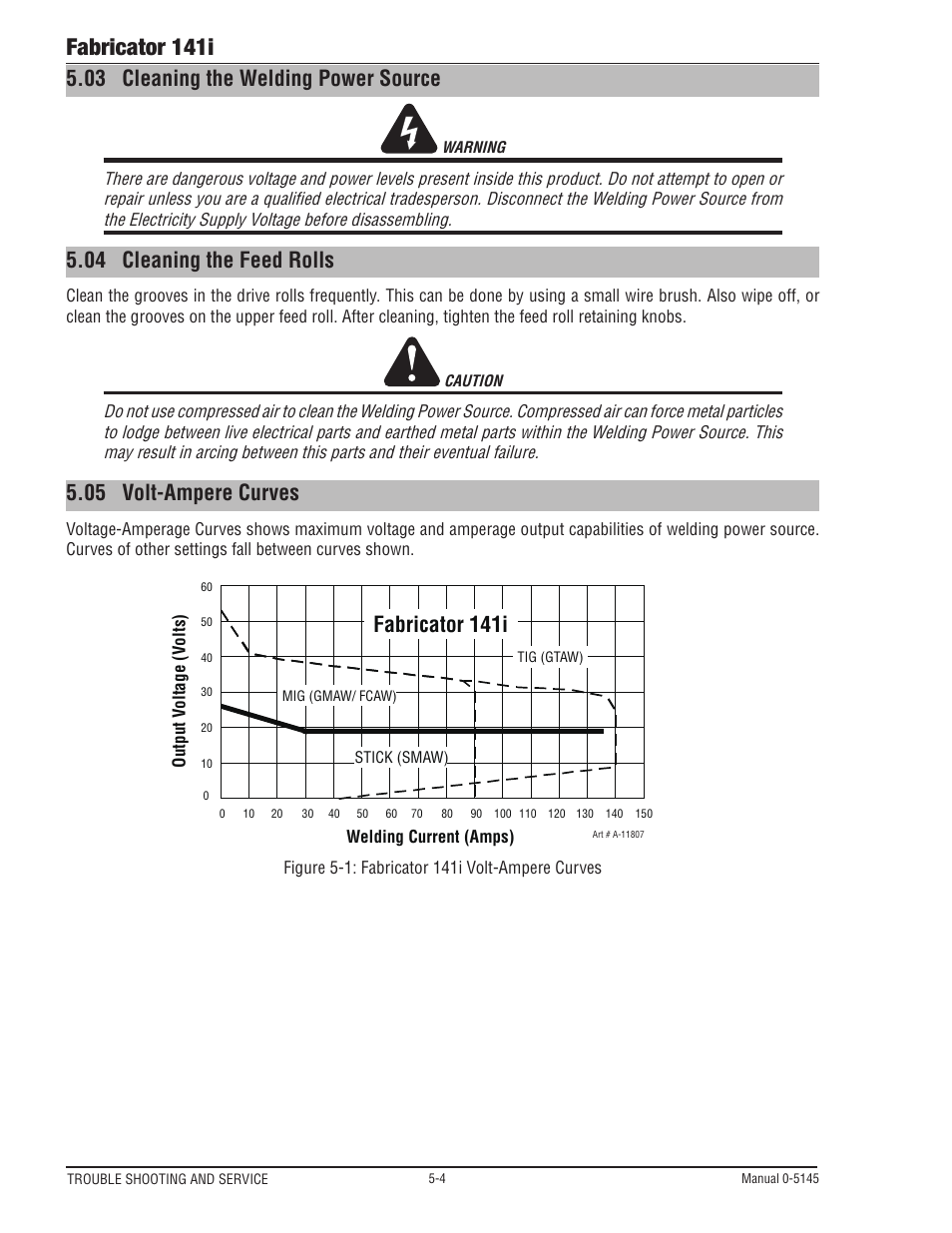 03 cleaning the welding power source, 04 cleaning the feed rolls, 05 volt-ampere curves | Cleaning the welding power source -4, Cleaning the feed rolls -4, Volt-ampere curves -4, Fabricator 141i | Tweco 141i Fabricator User Manual | Page 90 / 104
