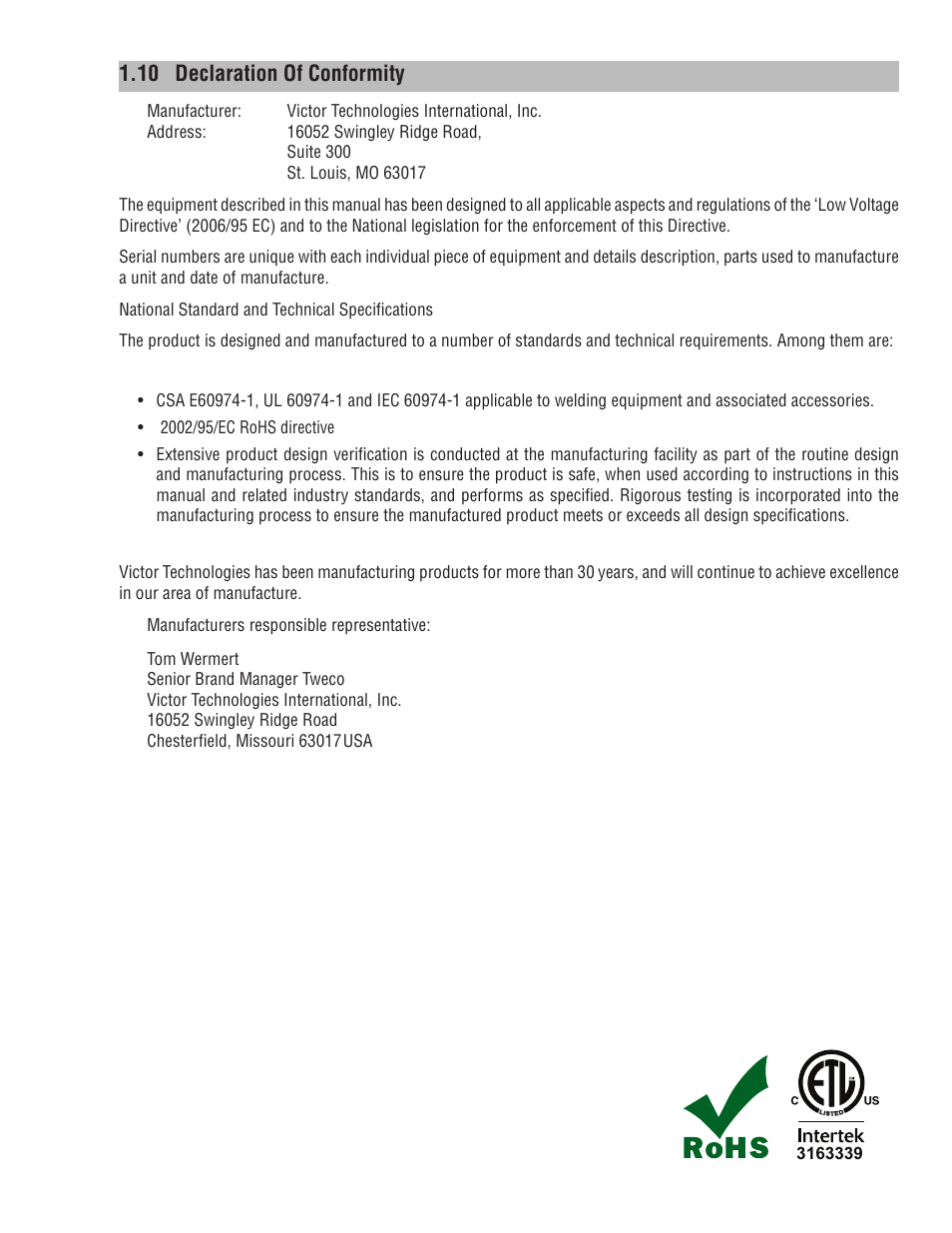 10 declaration of conformity | Tweco 181i Fabricator User Manual | Page 24 / 96