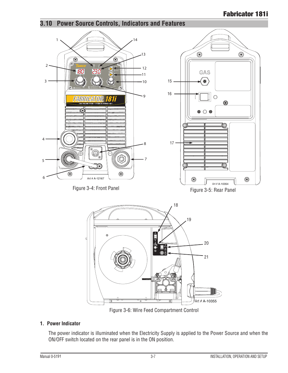 Fabricator 181i, 10 power source controls, indicators and features, Figure 3-4: front panel | Figure 3-5: rear panel, Manual 0-51, 7 installation, operation and setup | Tweco 181i Fabricator User Manual | Page 37 / 96