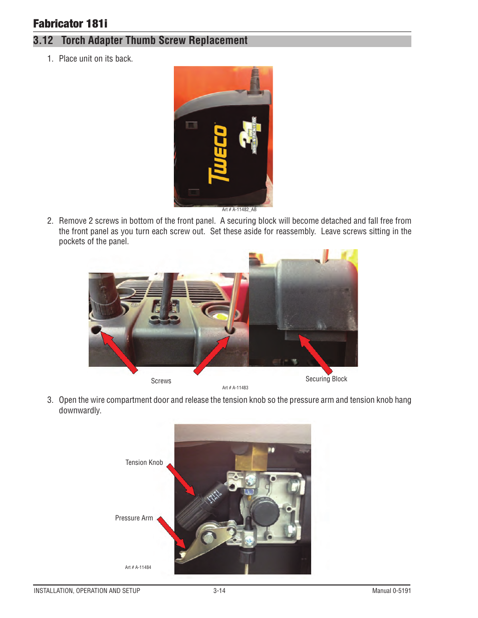 Fabricator 181i, 12 torch adapter thumb screw replacement | Tweco 181i Fabricator User Manual | Page 44 / 96