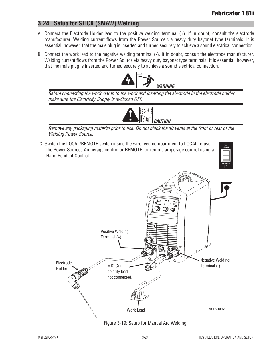 Fabricator 181i, 24 setup for stick (smaw) welding | Tweco 181i Fabricator User Manual | Page 57 / 96