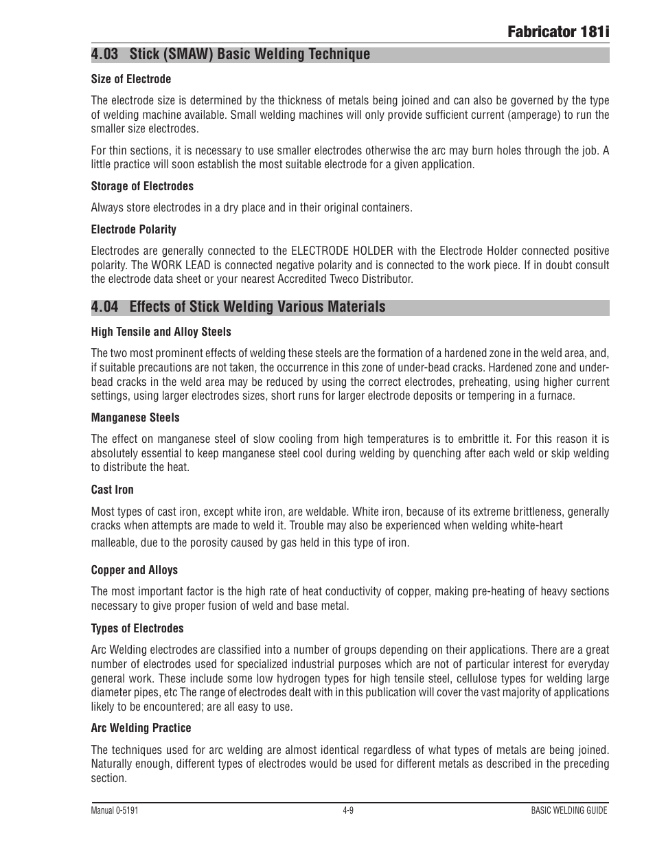 Fabricator 181i, 03 stick (smaw) basic welding technique, 04 effects of stick welding various materials | Tweco 181i Fabricator User Manual | Page 67 / 96