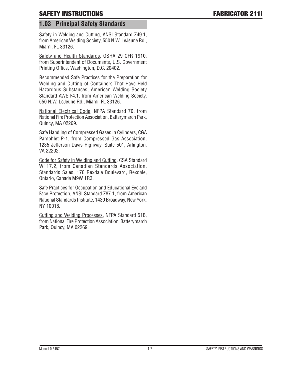Safety instructions fabricator 211i, 03 principal safety standards | Tweco 211i Fabricator User Manual | Page 13 / 96