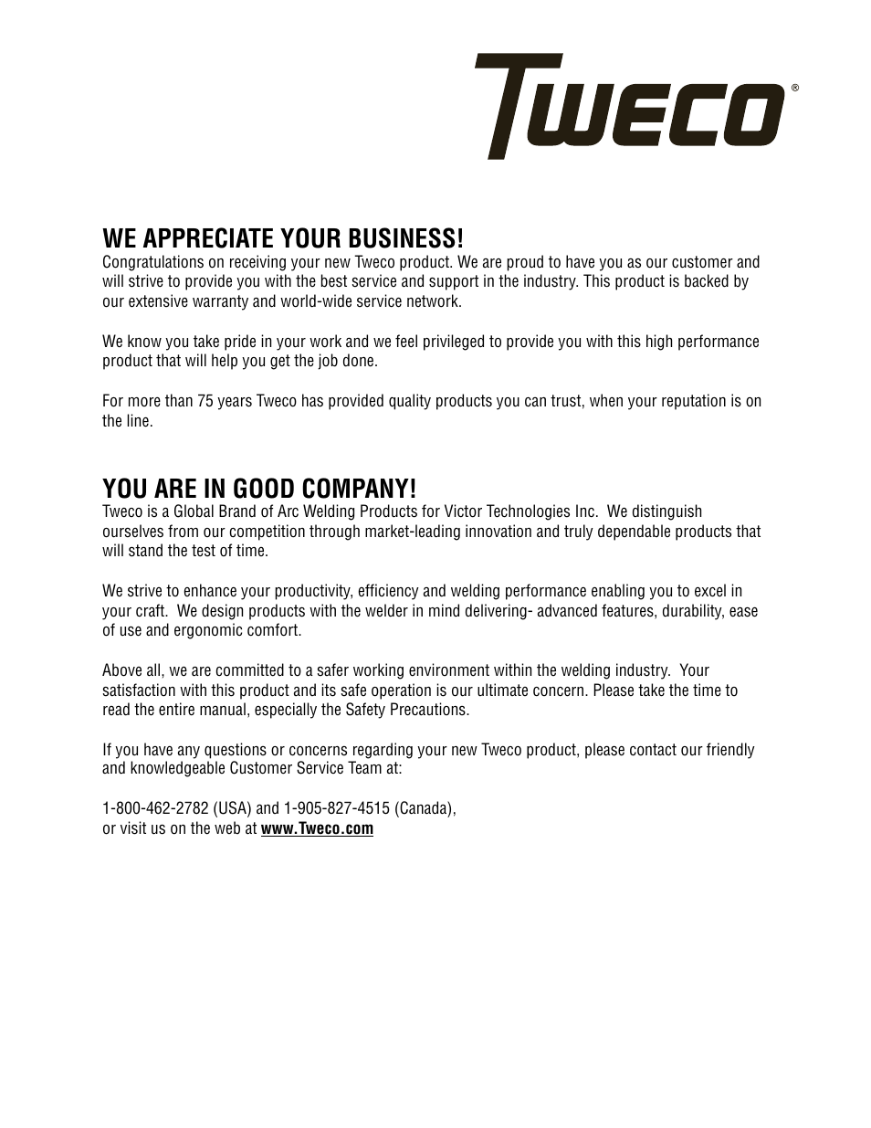 We appreciate your business, You are in good company | Tweco 211i Fabricator User Manual | Page 2 / 96
