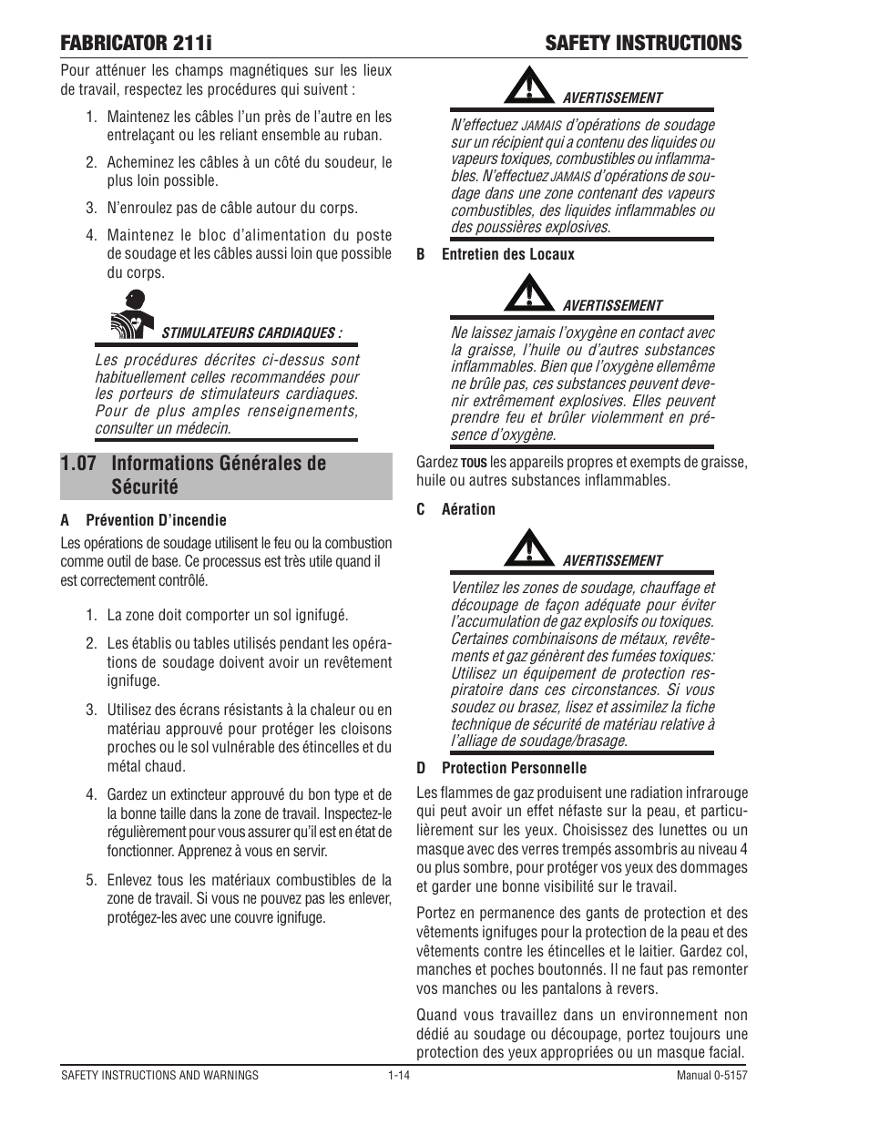 Fabricator 211i safety instructions, 07 informations générales de sécurité | Tweco 211i Fabricator User Manual | Page 20 / 96