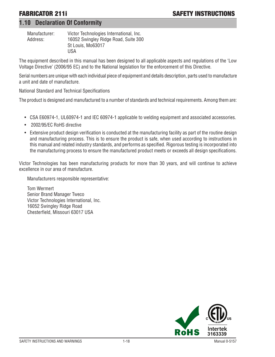 Fabricator 211i safety instructions, 10 declaration of conformity | Tweco 211i Fabricator User Manual | Page 24 / 96