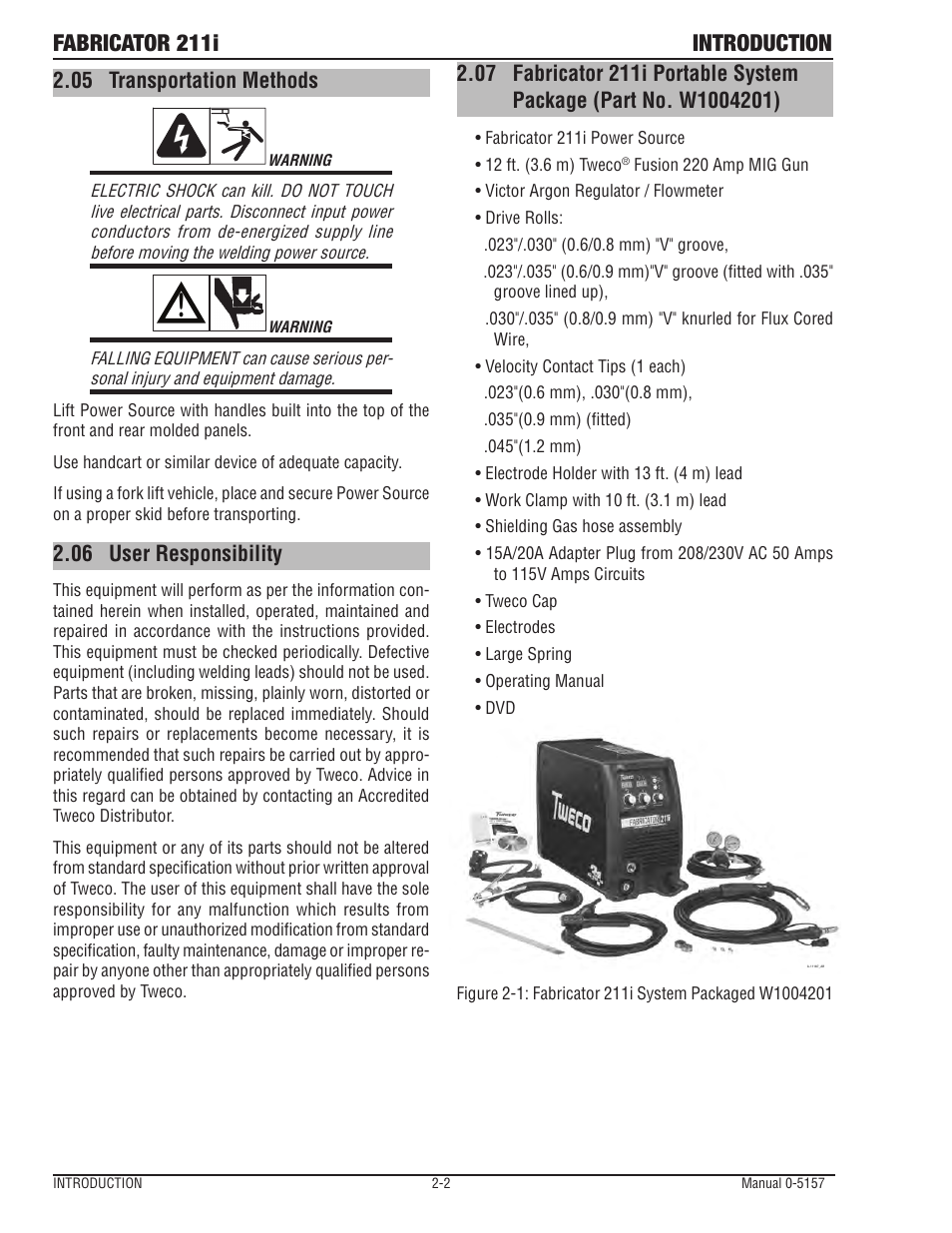 Fabricator 211i introduction, 05 transportation methods, 06 user responsibility | Tweco 211i Fabricator User Manual | Page 26 / 96