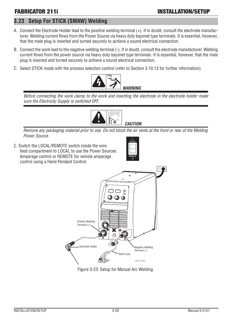 Fabricator 211i installation/setup, 23 setup for stick (smaw) welding | Tweco 211i Fabricator User Manual | Page 60 / 96