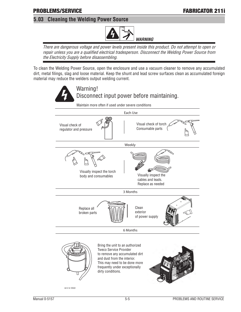 Problems/service fabricator 211i, Warning! disconnect input power before maintaining, 03 cleaning the welding power source | Tweco 211i Fabricator User Manual | Page 87 / 96