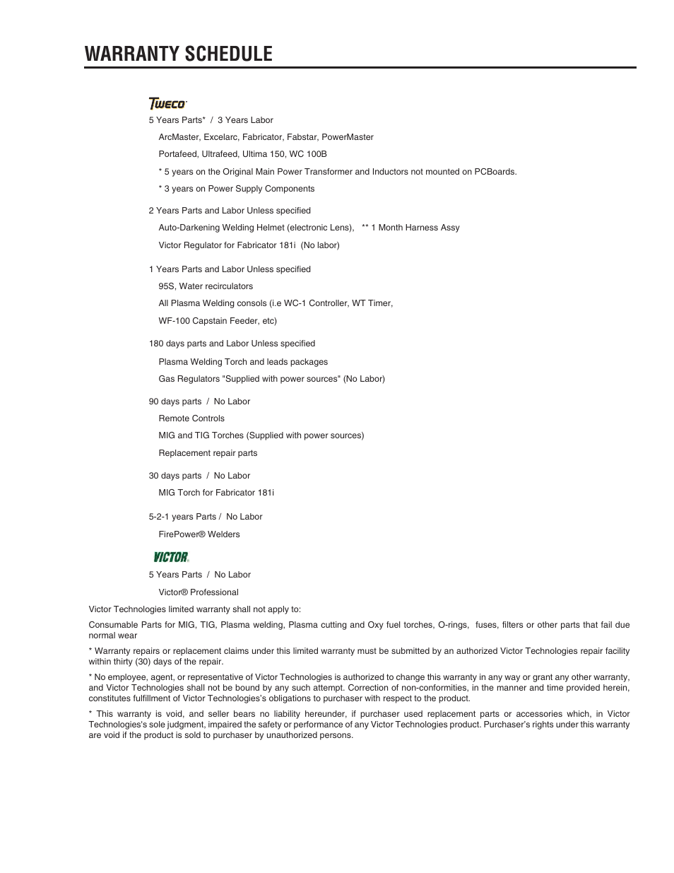 Warranty schedule | Tweco 211i Fabricator User Manual | Page 95 / 96