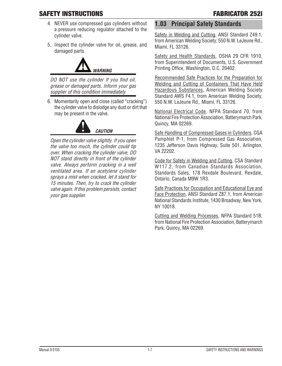 Principal safety standards -7, Safety instructions fabricator 252i | Tweco 252i Fabricator User Manual | Page 13 / 100