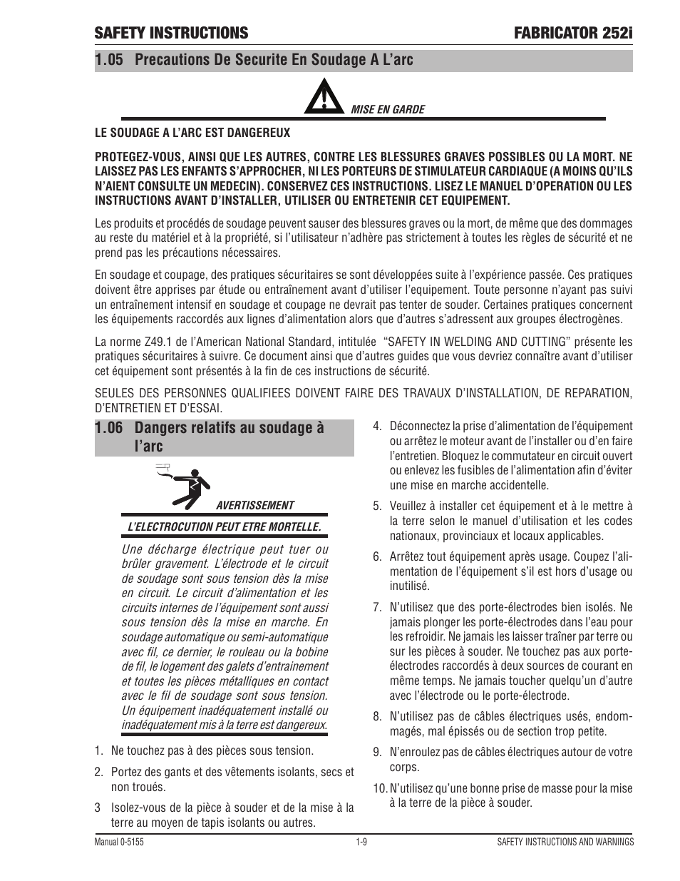 Precautions de securite en soudage a l’arc -9, Dangers relatifs au soudage à l’arc -9, Safety instructions fabricator 252i | Tweco 252i Fabricator User Manual | Page 15 / 100