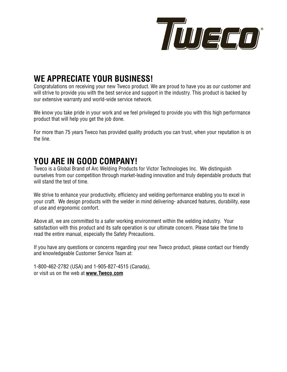 We appreciate your business, You are in good company | Tweco 252i Fabricator User Manual | Page 2 / 100