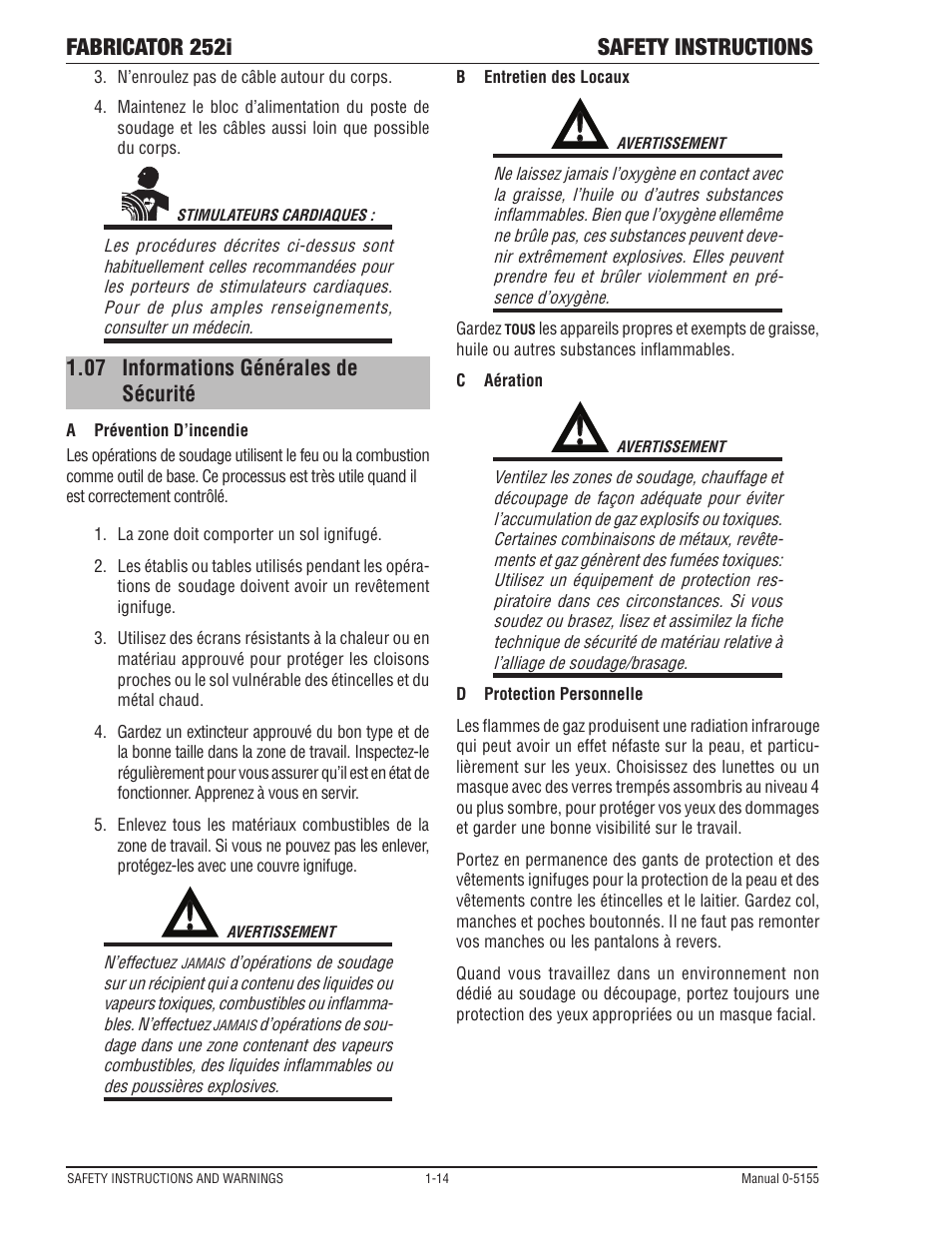 Informations générales de sécurité -14, Fabricator 252i safety instructions | Tweco 252i Fabricator User Manual | Page 20 / 100