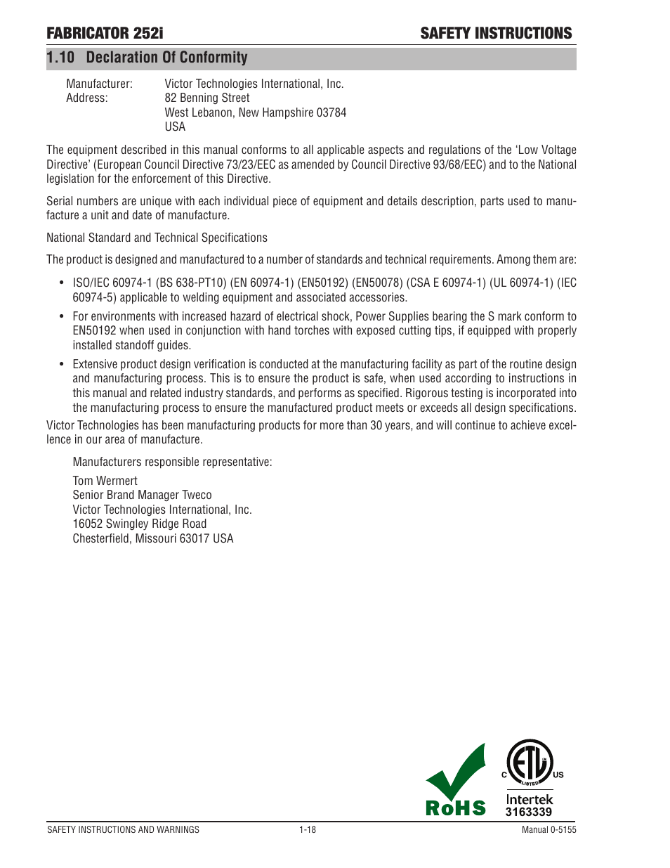 Declaration of conformity -18, Fabricator 252i safety instructions, 10 declaration of conformity | Tweco 252i Fabricator User Manual | Page 24 / 100