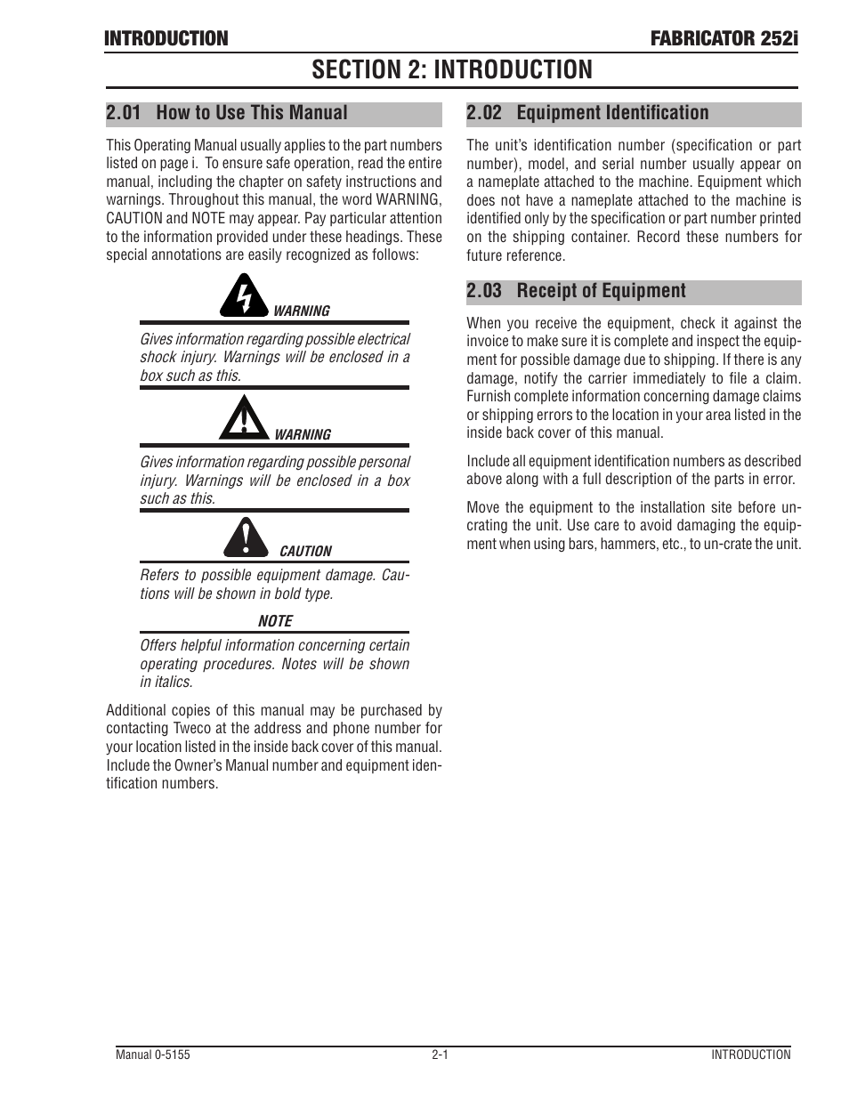Section 2: introduction -1, How to use this manual -1, Equipment identification -1 | Receipt of equipment -1, Introduction fabricator 252i | Tweco 252i Fabricator User Manual | Page 25 / 100