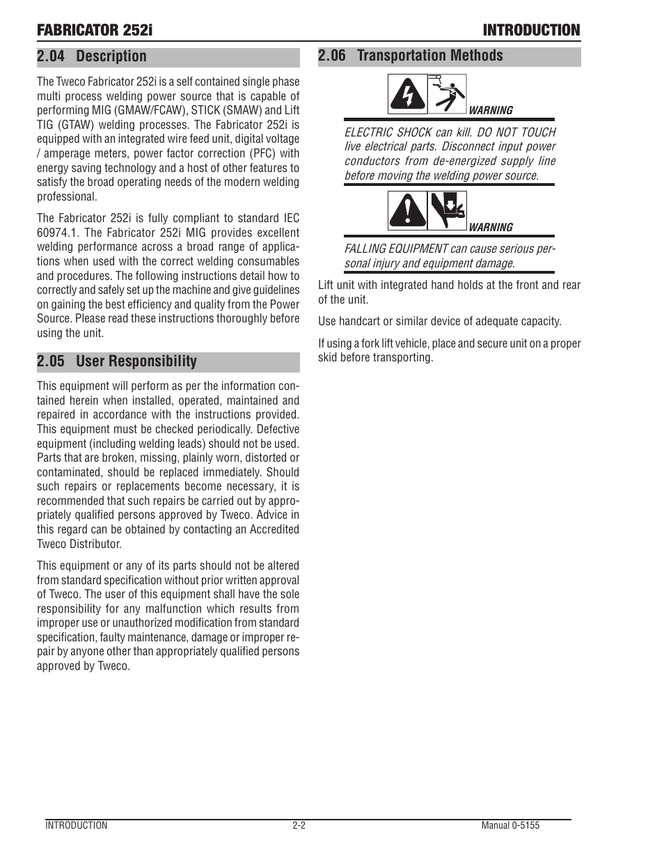 04 description -2 2.05, User responsibility -2, Transportation methods -2 | Fabricator 252i introduction, 04 description, 05 user responsibility, 06 transportation methods | Tweco 252i Fabricator User Manual | Page 26 / 100