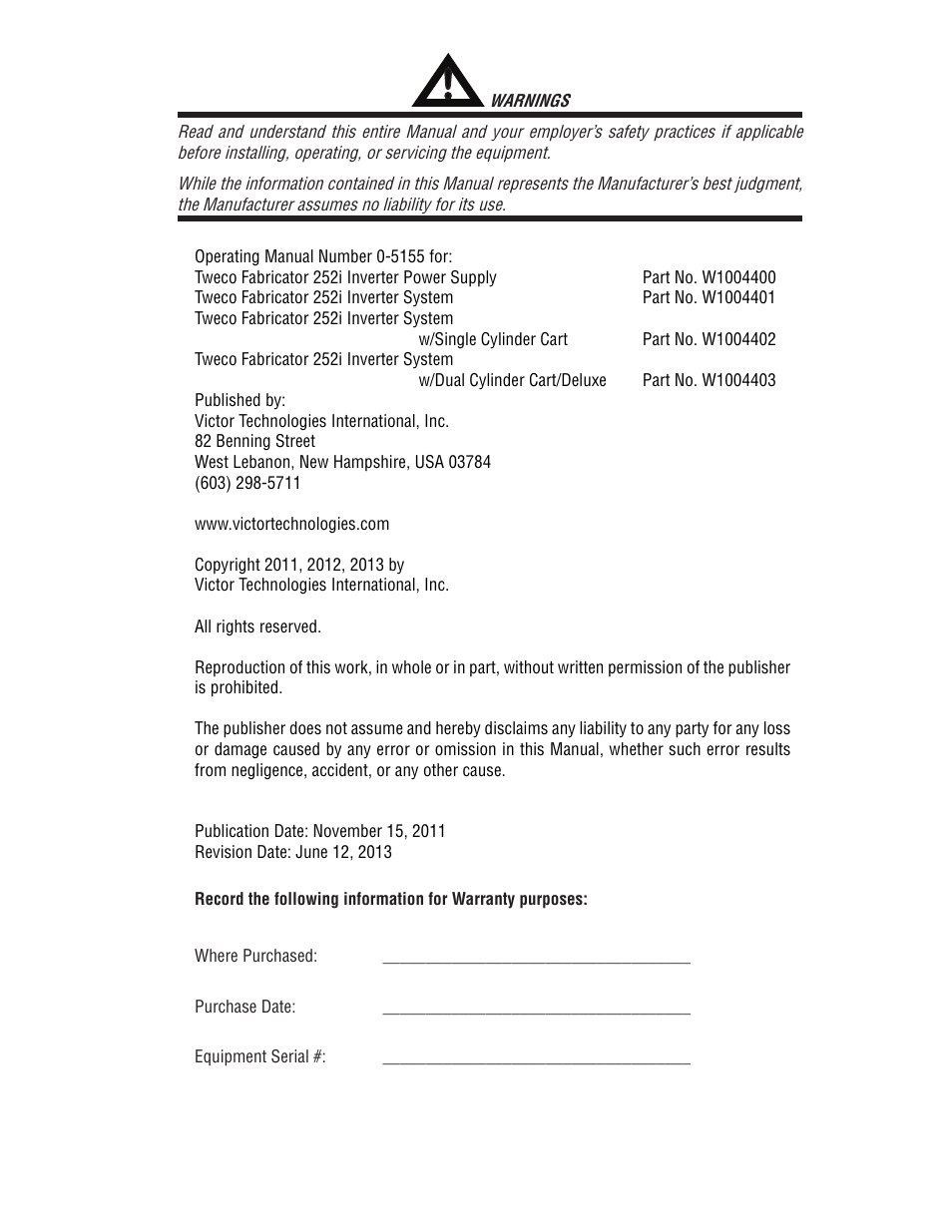 Tweco 252i Fabricator User Manual | Page 3 / 100