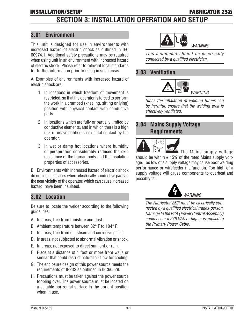 Section 3: installation operation and setup -1, Mains supply voltage requirements -1, Installation/setup fabricator 252i | Tweco 252i Fabricator User Manual | Page 31 / 100