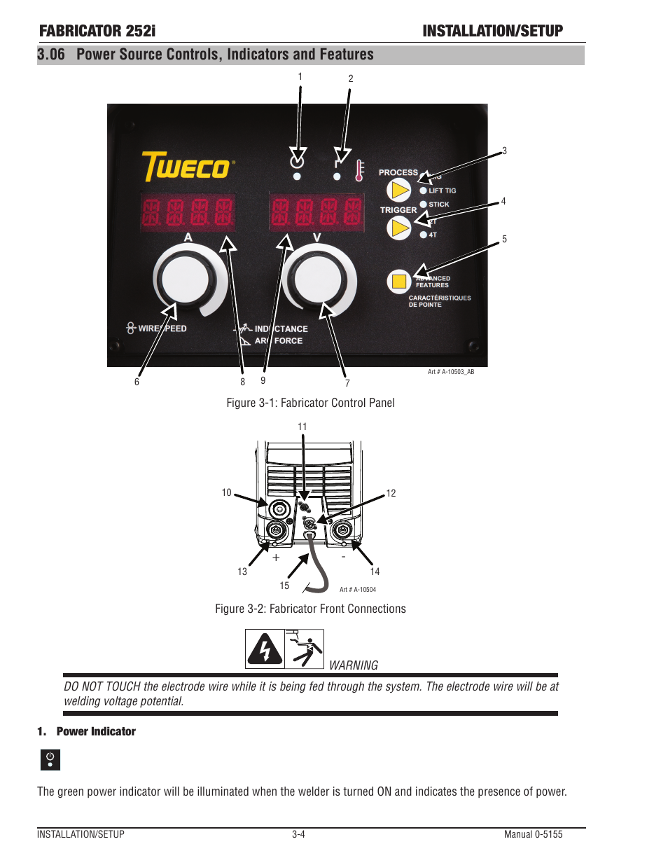 Power source controls, indicators and features -4, Fabricator 252i installation/setup, 06 power source controls, indicators and features | Tweco 252i Fabricator User Manual | Page 34 / 100