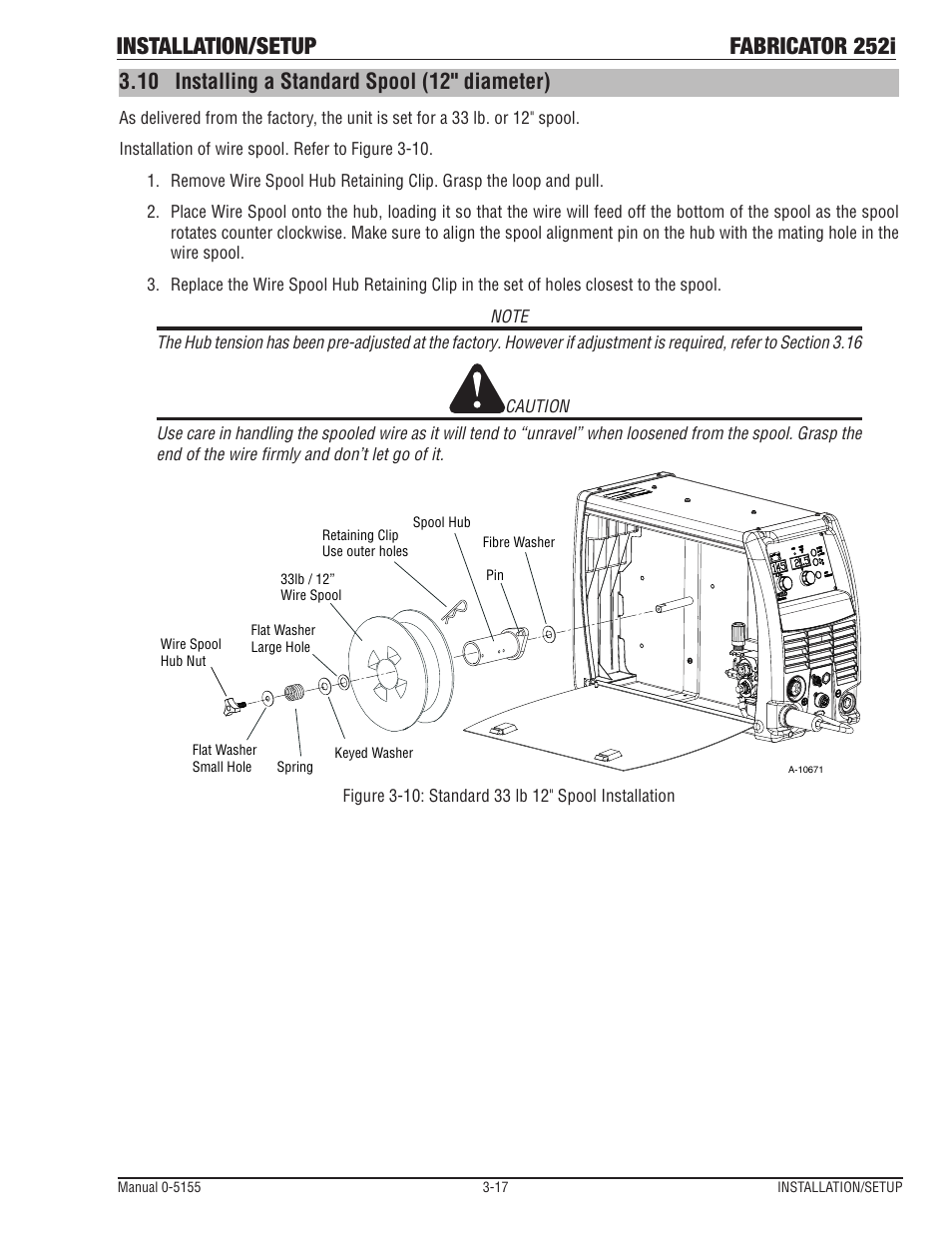 Installing a standard spool (12" diameter) -17, Installation/setup fabricator 252i, 10 installing a standard spool (12" diameter) | Tweco 252i Fabricator User Manual | Page 47 / 100