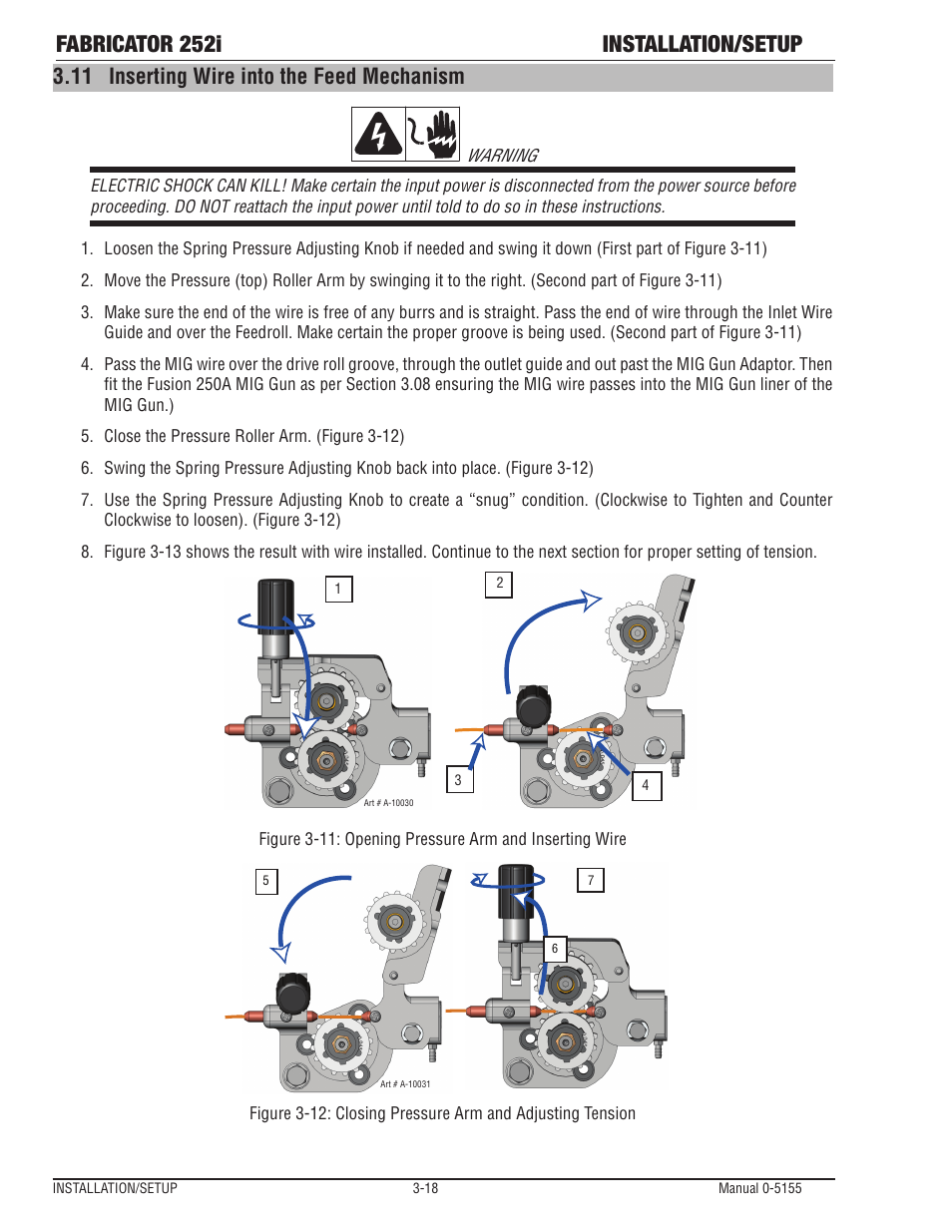 Inserting wire into the feed mechanism -18, Fabricator 252i installation/setup, 11 inserting wire into the feed mechanism | Tweco 252i Fabricator User Manual | Page 48 / 100