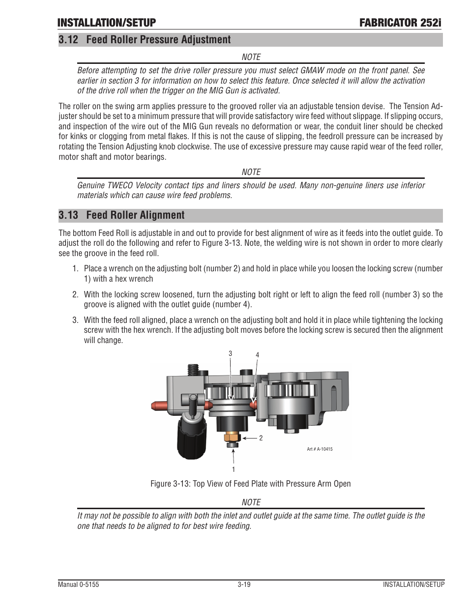 Feed roller pressure adjustment -19, Feed roller alignment -19, Installation/setup fabricator 252i | 12 feed roller pressure adjustment, 13 feed roller alignment | Tweco 252i Fabricator User Manual | Page 49 / 100