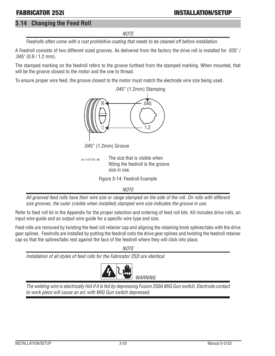 Changing the feed roll -20, Fabricator 252i installation/setup, 14 changing the feed roll | Tweco 252i Fabricator User Manual | Page 50 / 100