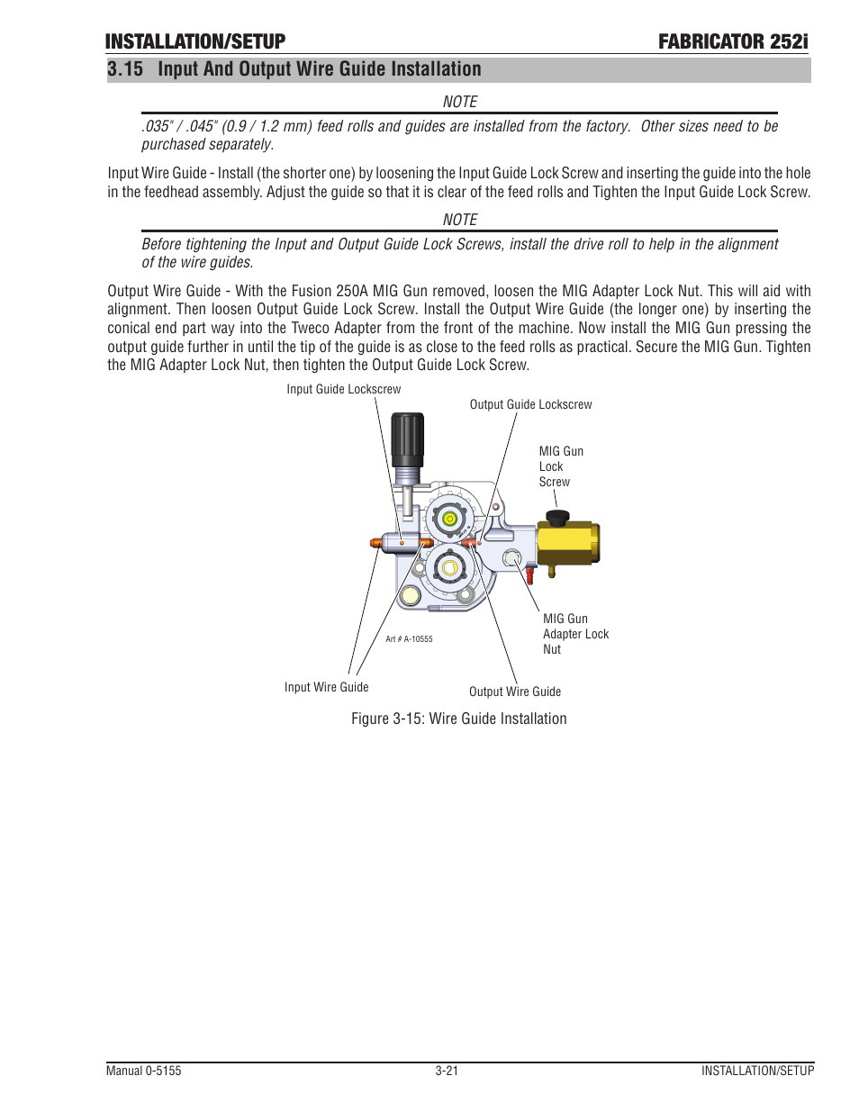 Input and output wire guide installation -21, Installation/setup fabricator 252i, 15 input and output wire guide installation | Tweco 252i Fabricator User Manual | Page 51 / 100