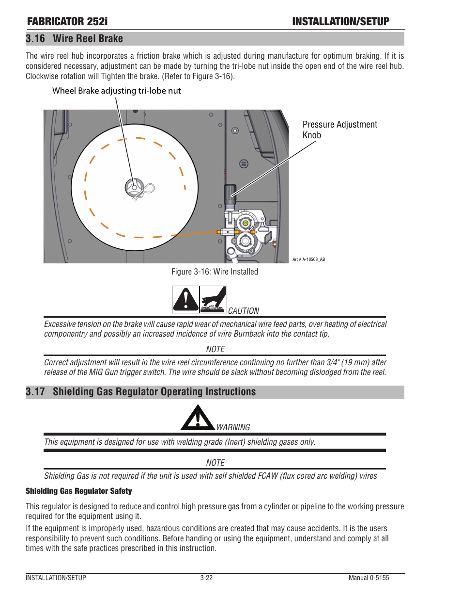 Wire reel brake -22, Shielding gas regulator operating instructions -22, Fabricator 252i installation/setup | Tweco 252i Fabricator User Manual | Page 52 / 100