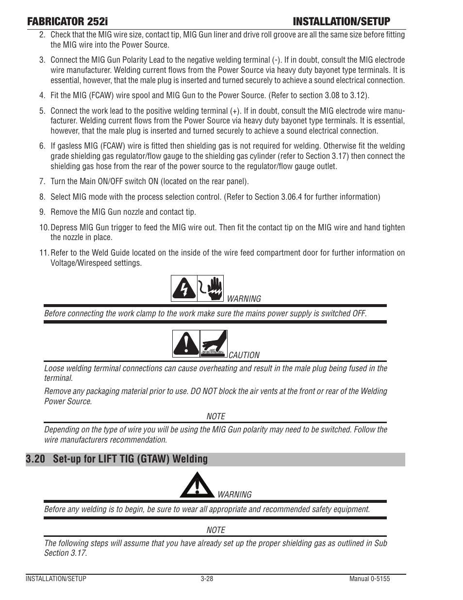 Set-up for lift tig (gtaw) welding -28, Fabricator 252i installation/setup | Tweco 252i Fabricator User Manual | Page 58 / 100