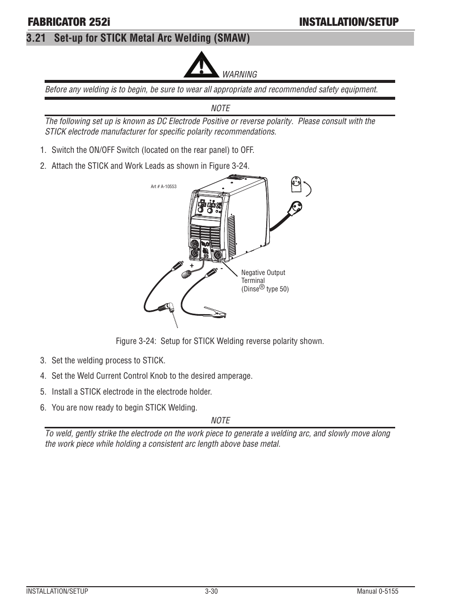Set-up for stick metal arc welding (smaw) -30, Fabricator 252i installation/setup | Tweco 252i Fabricator User Manual | Page 60 / 100