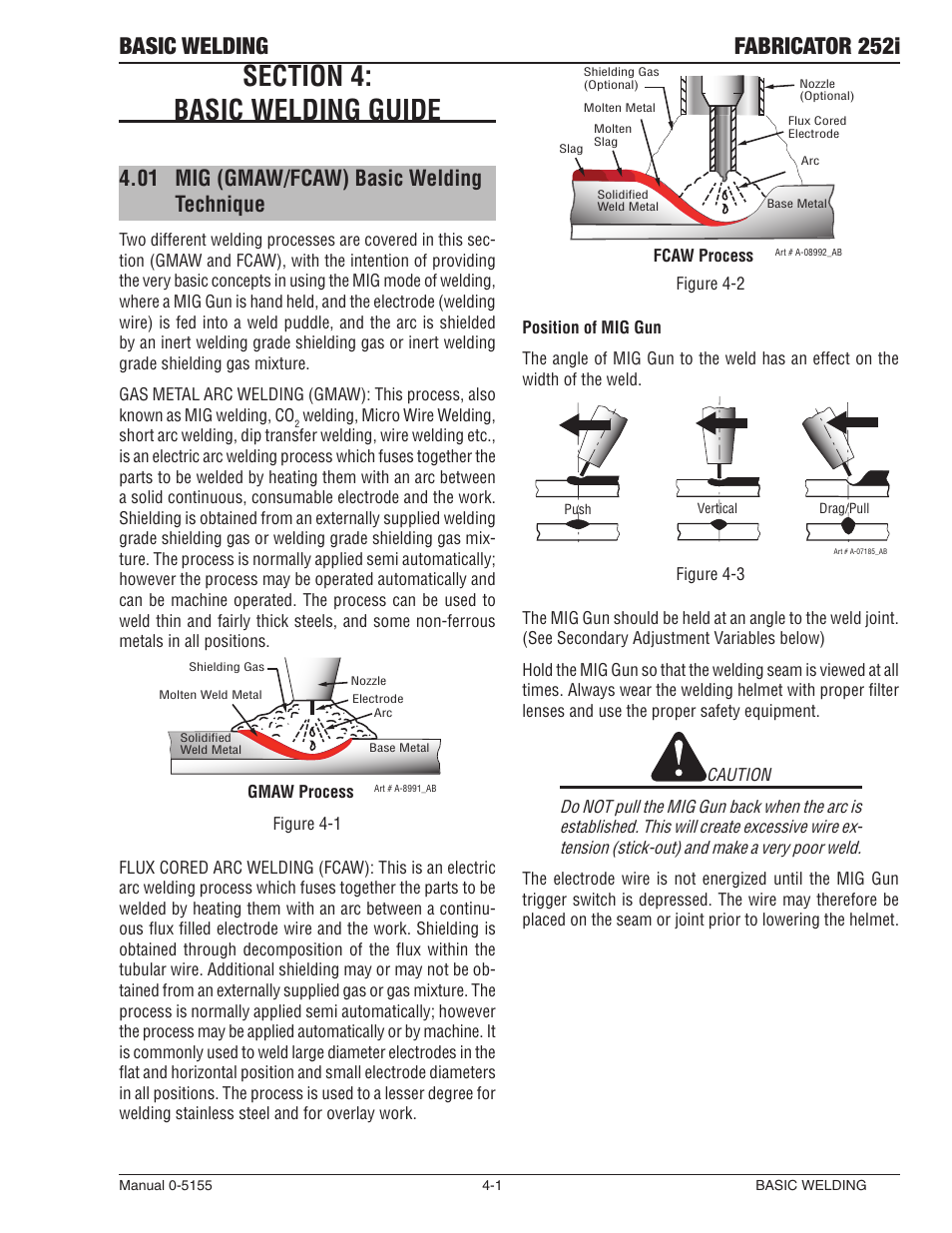 Section 4: basic welding guide -1, Mig (gmaw/fcaw) basic welding technique -1, Basic welding fabricator 252i | 01 mig (gmaw/fcaw) basic welding technique | Tweco 252i Fabricator User Manual | Page 61 / 100