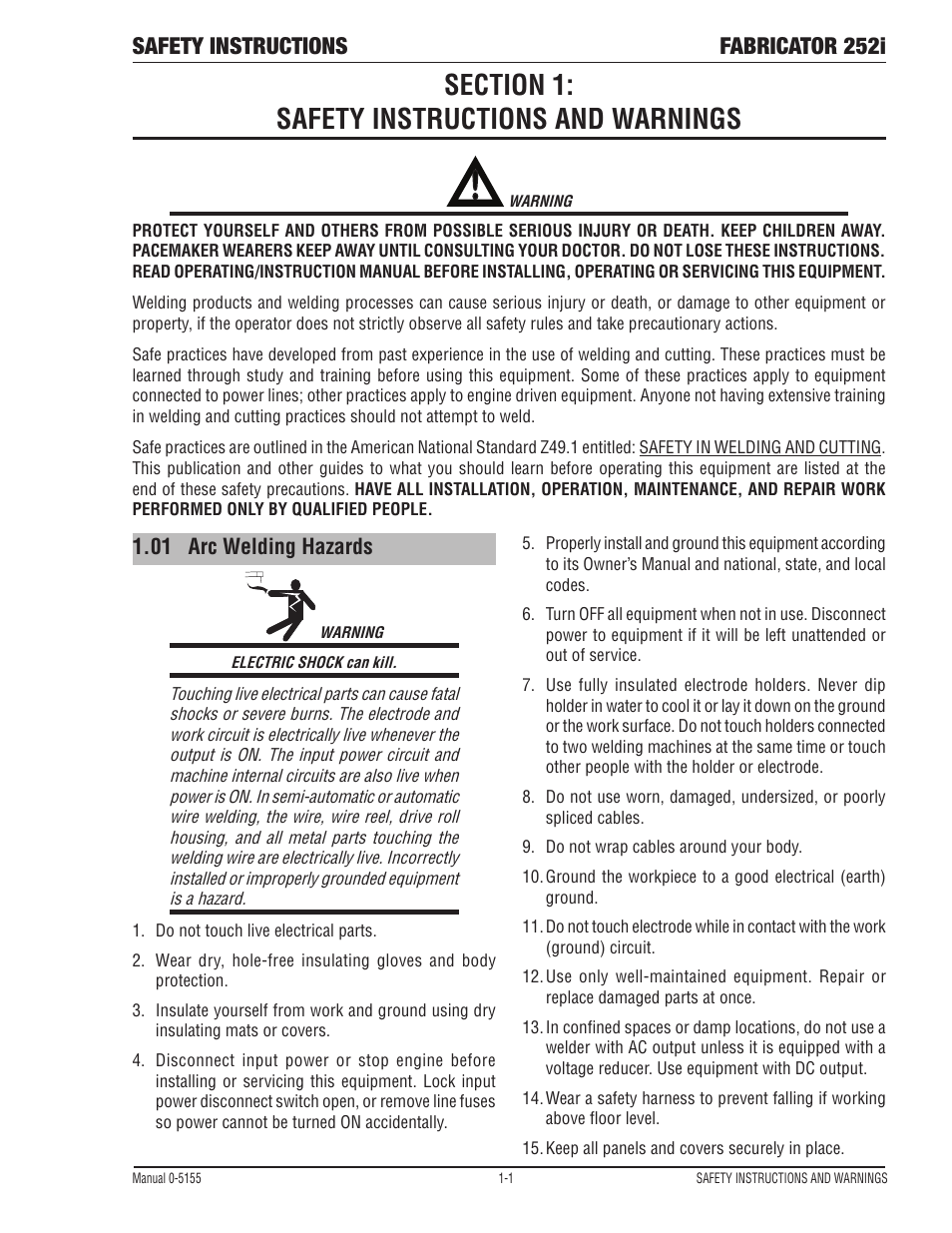 Section 1: safety instructions and warnings -1, Arc welding hazards -1, Safety instructions fabricator 252i | Tweco 252i Fabricator User Manual | Page 7 / 100