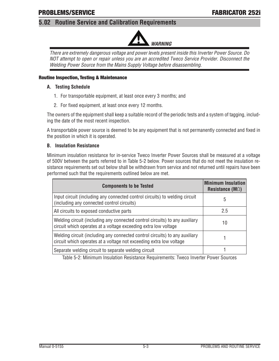 Routine service and calibration requirements -3, Problems/service fabricator 252i | Tweco 252i Fabricator User Manual | Page 83 / 100