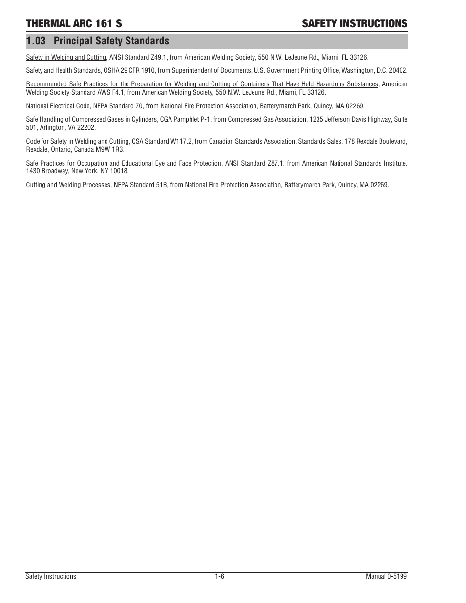 Thermal arc 161 s safety instructions, 03 principal safety standards | Tweco 161 S Inverter Arc Welder User Manual | Page 12 / 52