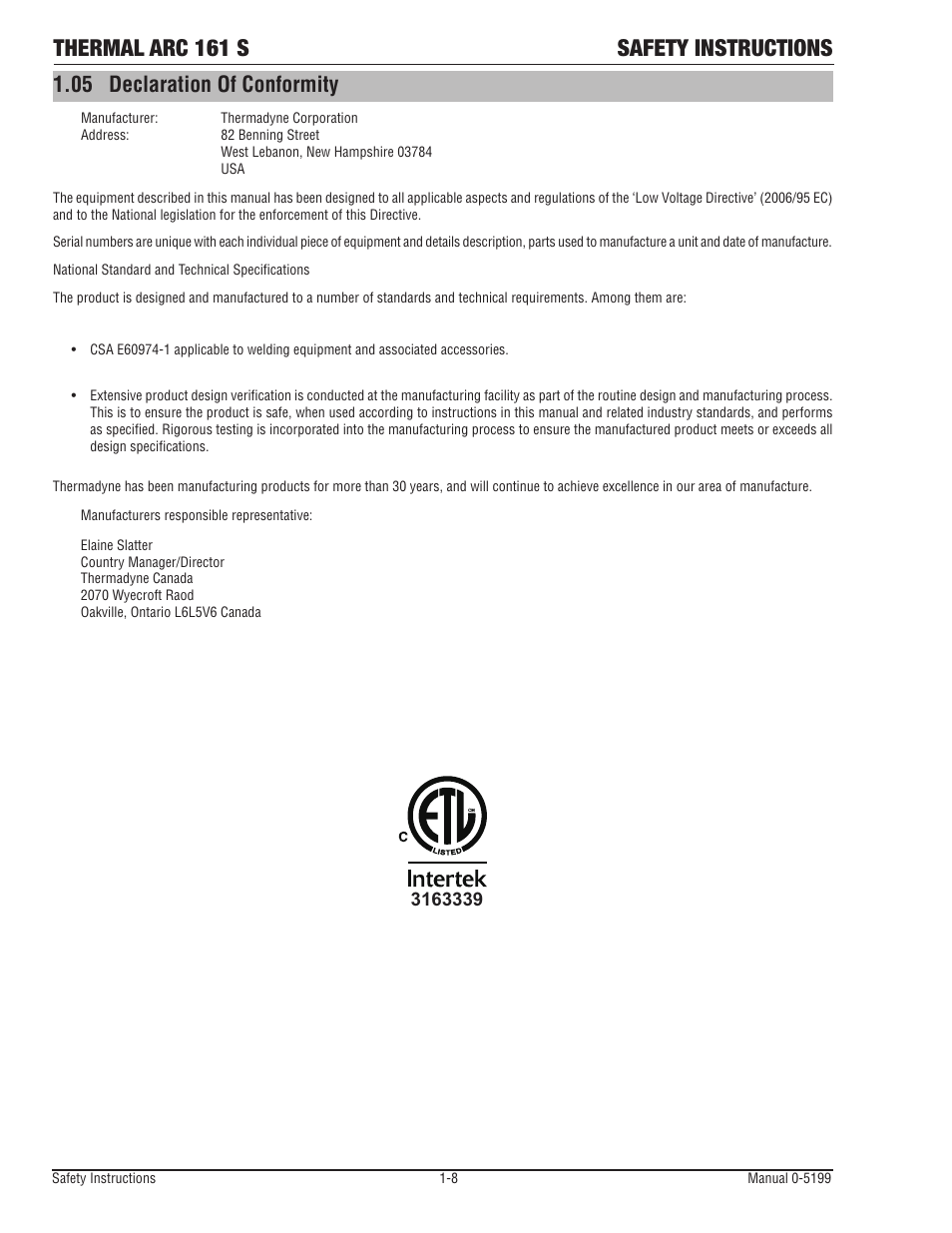 Thermal arc 161 s safety instructions, 05 declaration of conformity | Tweco 161 S Inverter Arc Welder User Manual | Page 14 / 52