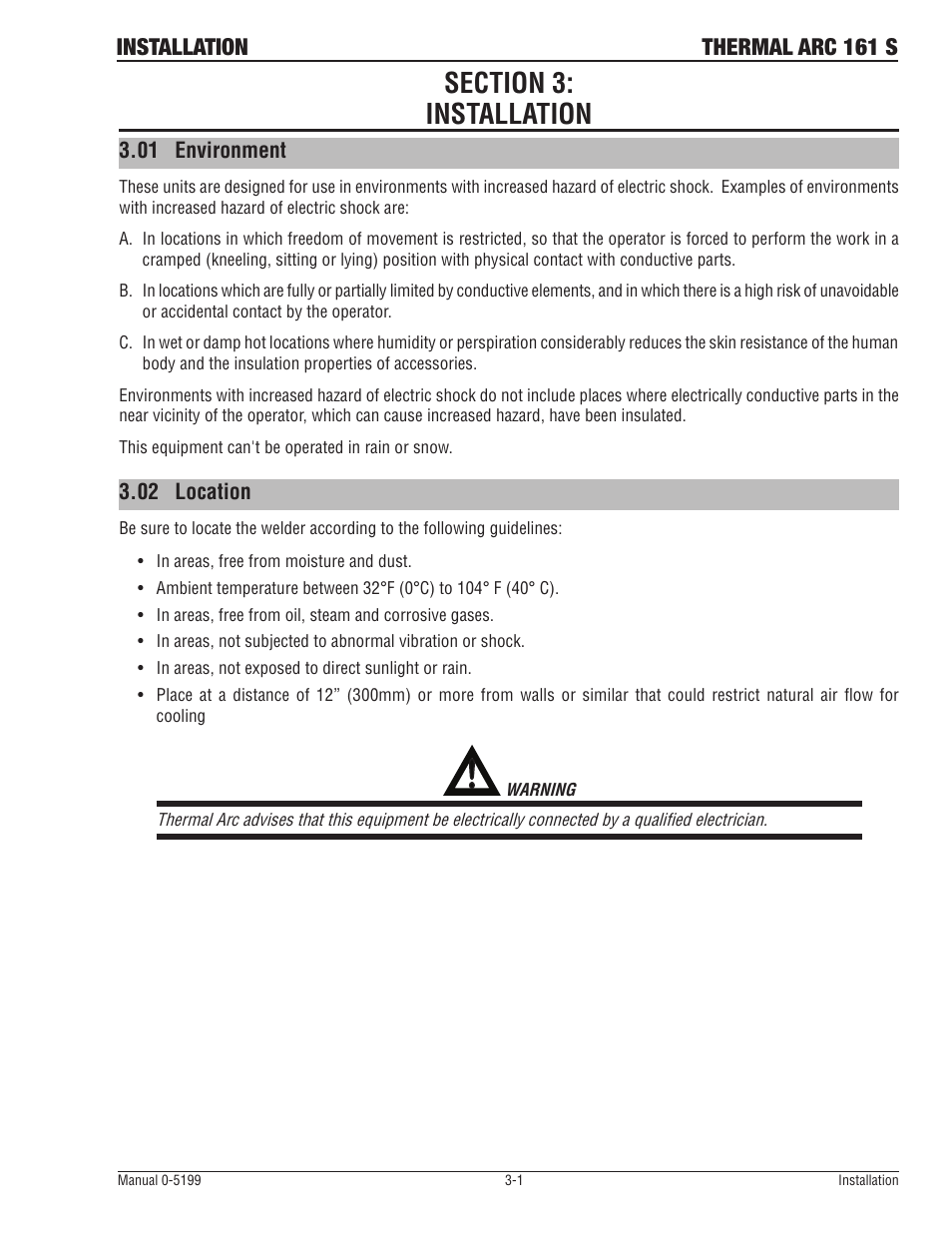 Installation thermal arc 161 s | Tweco 161 S Inverter Arc Welder User Manual | Page 17 / 52