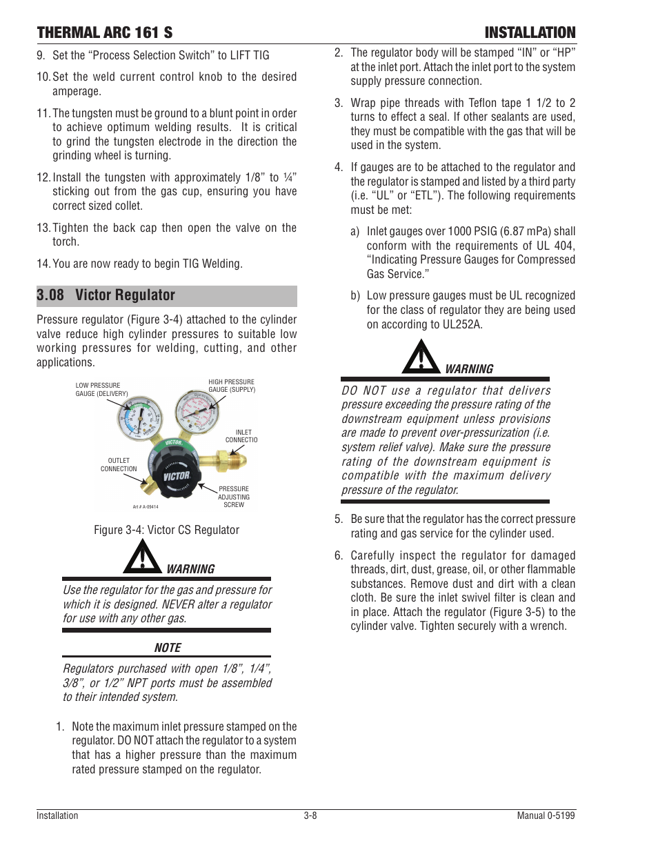 Thermal arc 161 s installation, 08 victor regulator | Tweco 161 S Inverter Arc Welder User Manual | Page 24 / 52