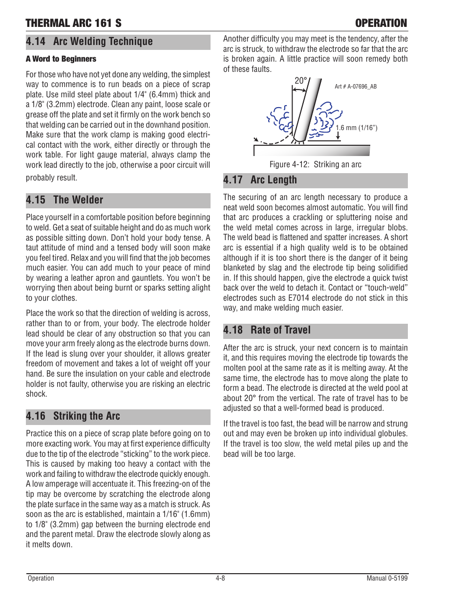 Thermal arc 161 s operation, 14 arc welding technique, 15 the welder | 16 striking the arc, 17 arc length, 18 rate of travel | Tweco 161 S Inverter Arc Welder User Manual | Page 34 / 52