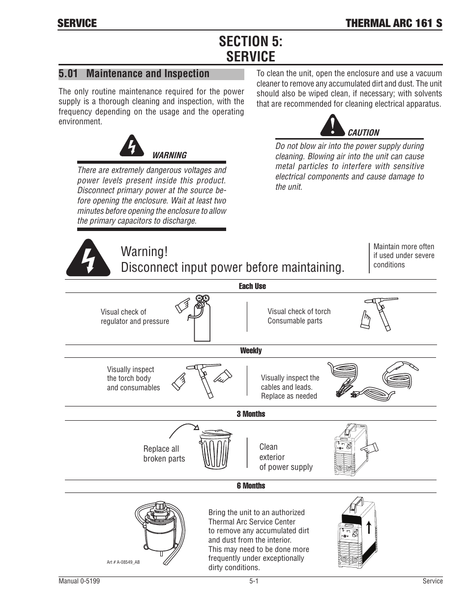 Warning! disconnect input power before maintaining, Service thermal arc 161 s, 01 maintenance and inspection | Tweco 161 S Inverter Arc Welder User Manual | Page 41 / 52