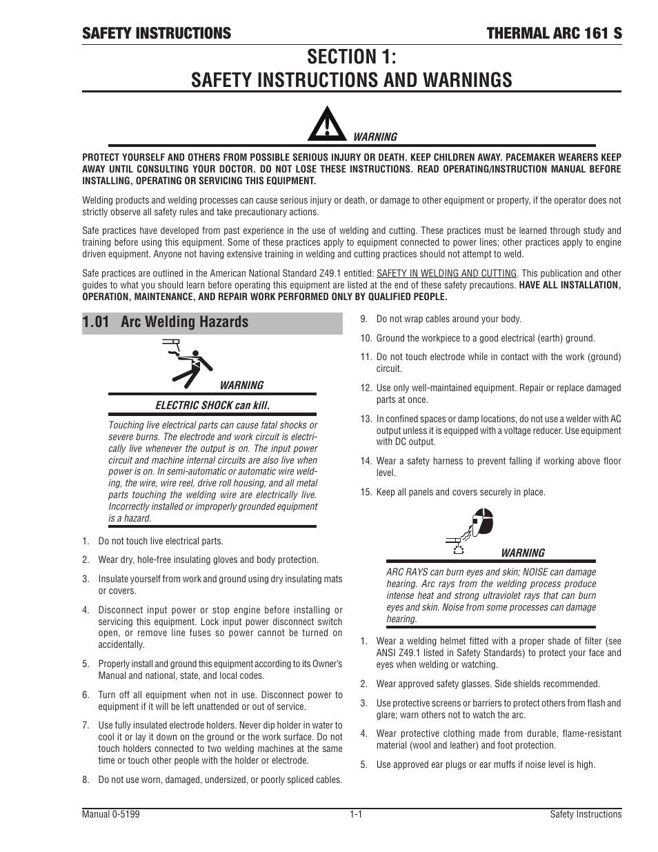 Safety instructions thermal arc 161 s, 01 arc welding hazards | Tweco 161 S Inverter Arc Welder User Manual | Page 7 / 52