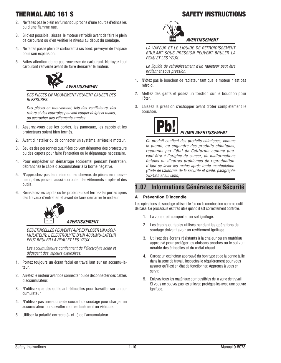 Thermal arc 161 s safety instructions, 07 informations générales de sécurité | Tweco 161 S Inverter Arc Welder User Manual | Page 16 / 58